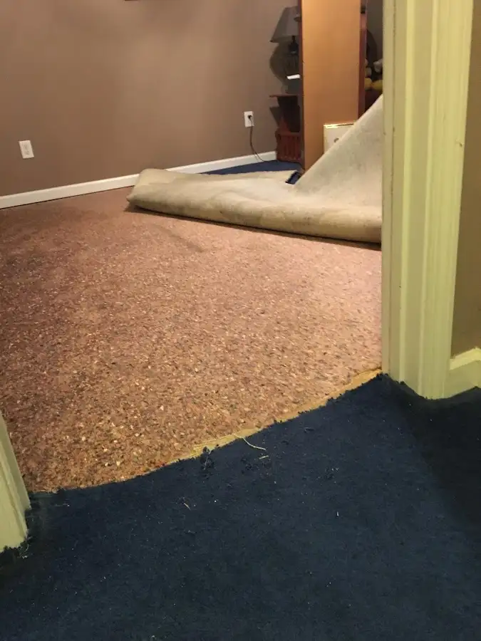 Carpet pad removal revealing water damage during Drying & Dehumidification in Welcome